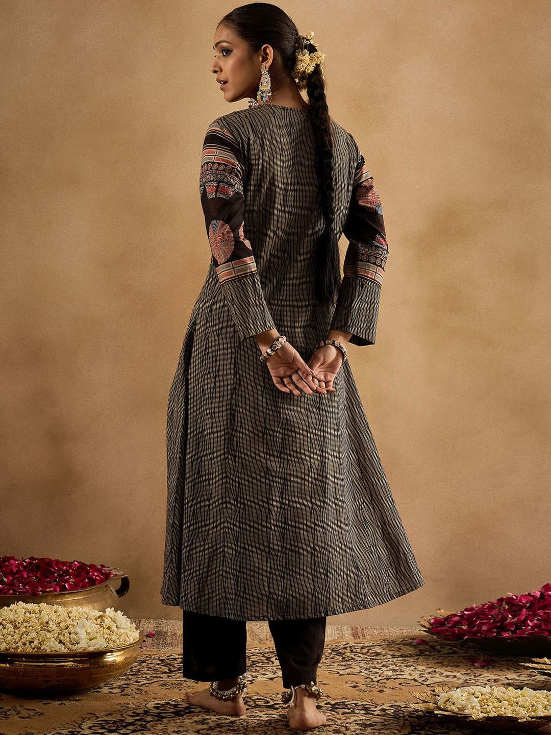 Geometric Printed Panelled Sequinned Pure Cotton A-Line Kurta With Trousers
