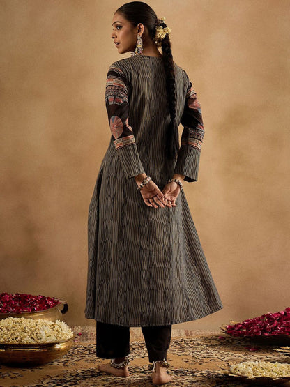 Geometric Printed Panelled Sequinned Pure Cotton A-Line Kurta With Trousers
