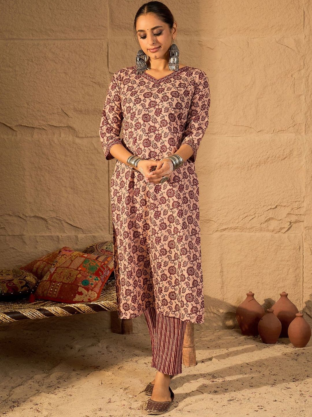 Women Floral Printed Cotton Kurta with Trousers & Dupatta