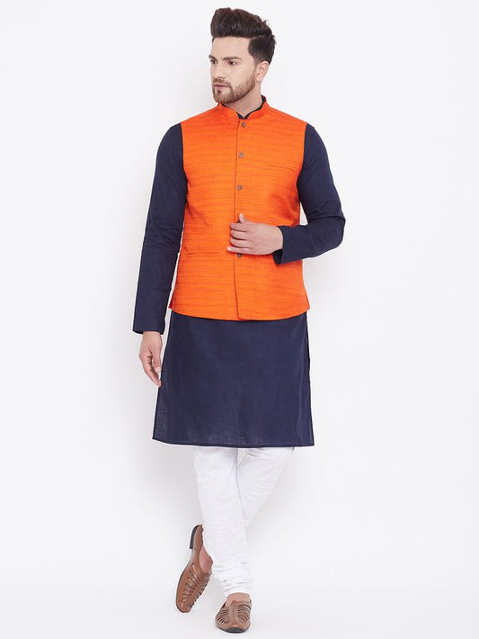 Men's Navy Blue Cotton Blend Straight Jacket  Kurta and Pyjama Set