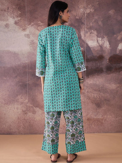 Ethnic Motifs Printed Notch Neck Pure Cotton Straight Kurta With Palazzos