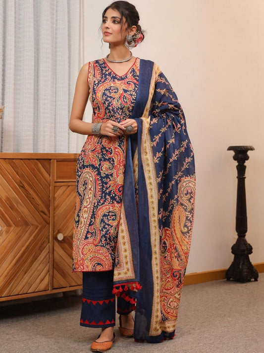 Dhiyona RR Women's Ethnic Motifs Printed Regular Pure Cotton Top with Trousers & With Dupatta