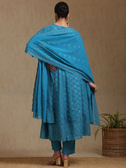 Dhiyona SO Women's Floral Embroidered V-Neck Sequinned Georgette A-Line Kurta With Trousers & Dupatta