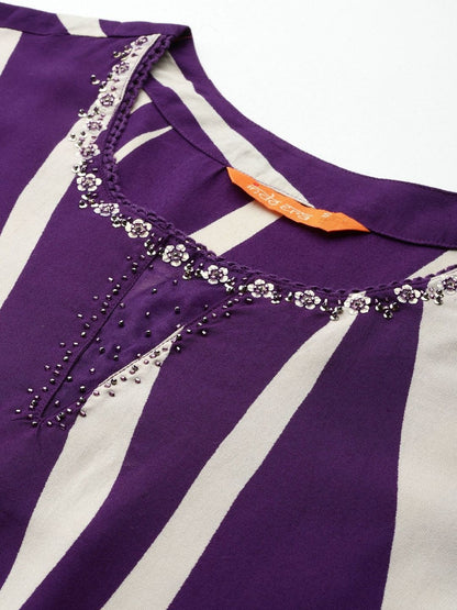 Printed Round Neck Straight Beads And Stones Kurta With Palazzos