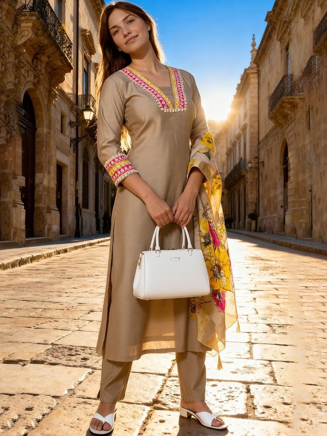 Dhiyona IE Women Floral Embroidered Regular Thread Work Raw Silk Kurta with Trousers & With Dupatta