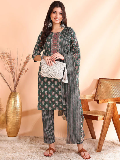 Dhiyona OD  Printed Mirror Work Pure Cotton Kurta With Trousers & Dupatta