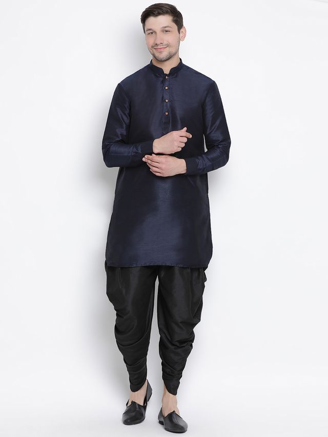Men's Dark Blue Silk Blend Pathani Kurta and Dhoti Set