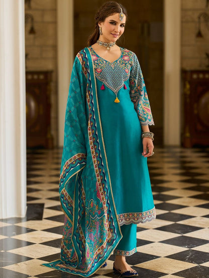 Ethnic Motifs Printed V-Neck Thread Work Kurta With Trousers & Dupatta