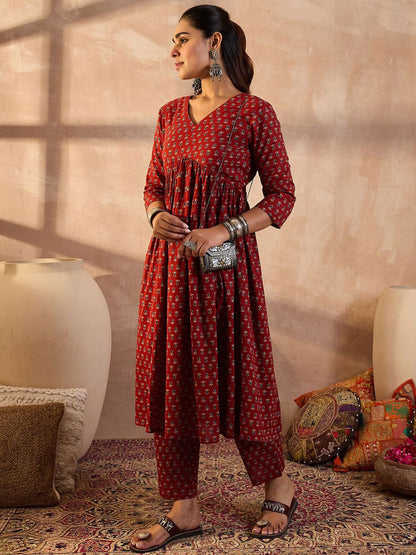 Dhiyona IE Floral Printed V-Neck Pure Cotton Tunic With Trousers