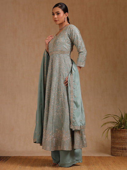 Dhiyona SO Women's Floral Embroidered V-Neck Empire Sequinned Anarkali Kurta With Palazzo & Dupatta