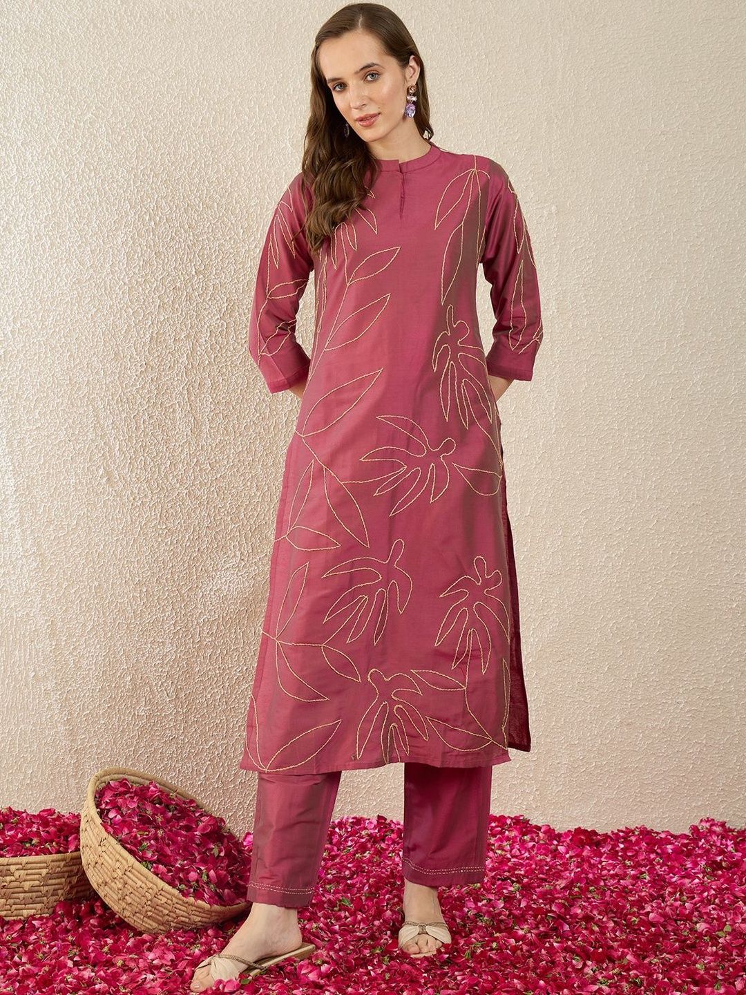 Dhiyona IE Printed Mandarin Collar Three-Quarter Sleeves Pure Cotton Top With Trousers