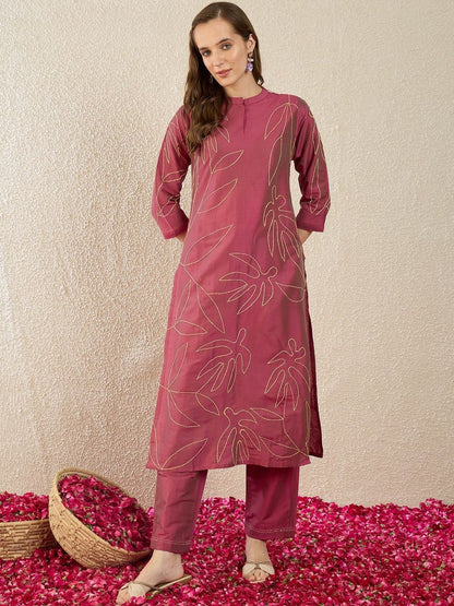 Dhiyona IE Printed Mandarin Collar Three-Quarter Sleeves Pure Cotton Top With Trousers