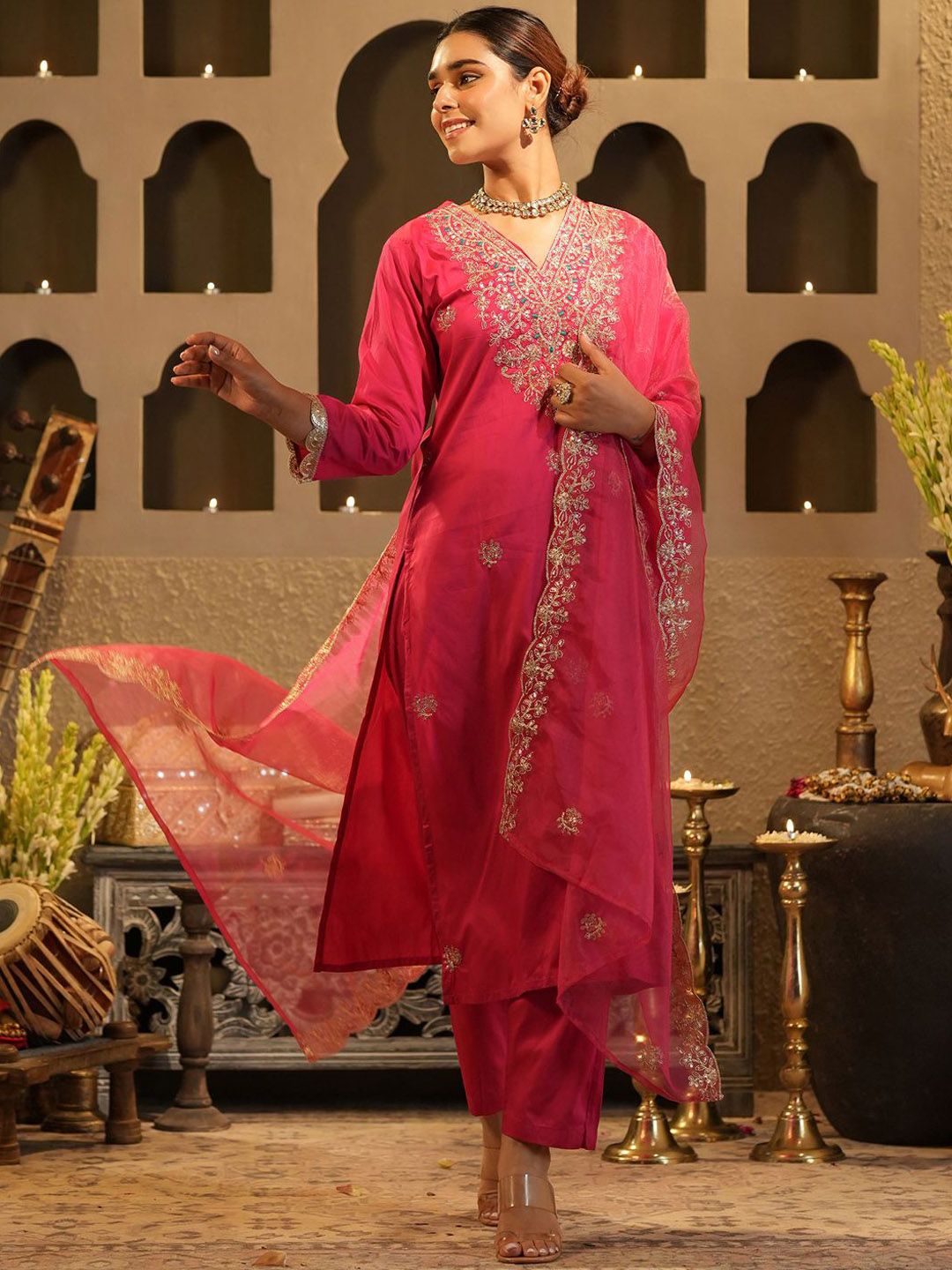 Dhiyona IE Women's Women Ethnic Motifs Embroidered Regular Sequinned Kurta with Trousers & Dupatta