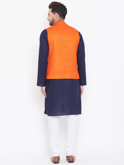 Men's Navy Blue Cotton Blend Straight Jacket  Kurta and Pyjama Set