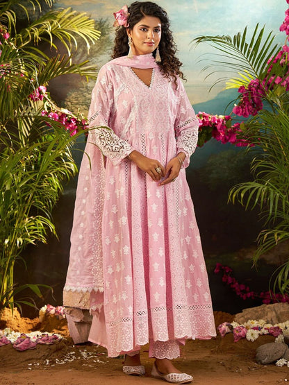 Women Ethnic Motifs Embroidered Cotton A-Line Kurta with Trousers & Dupatta