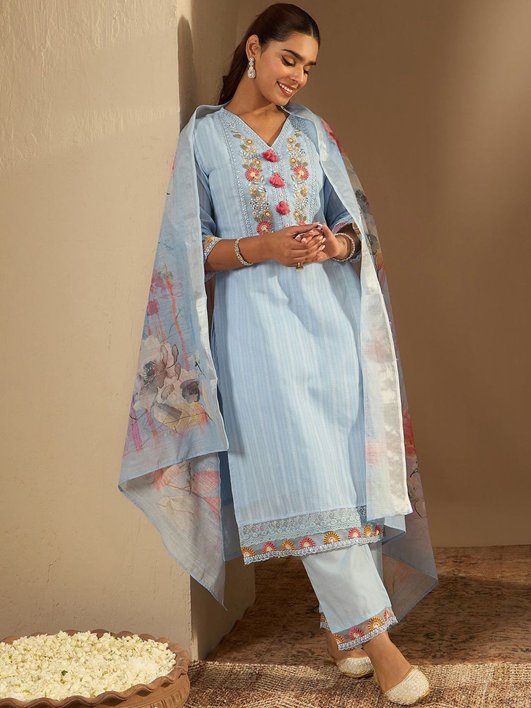 Dhiyona IE Floral Yoke Design Straight Thread Work Pure Cotton Kurta with Trousers & Dupatta