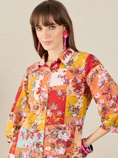 Dhiyona IE Floral Printed Pure Cotton Shirt Collar Tunic With Trousers