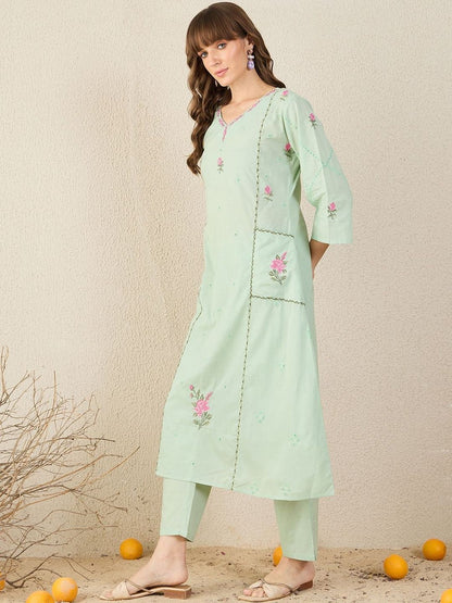 Women Embroidered Beads and Stones Pure Cotton Kurta with Trousers