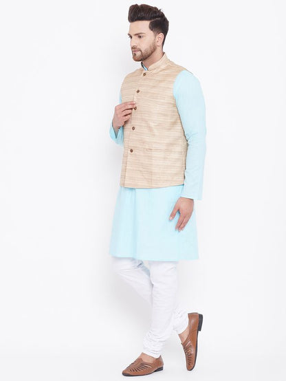Men's Aqua Cotton Blend Straight Jacket  Kurta and Pyjama Set