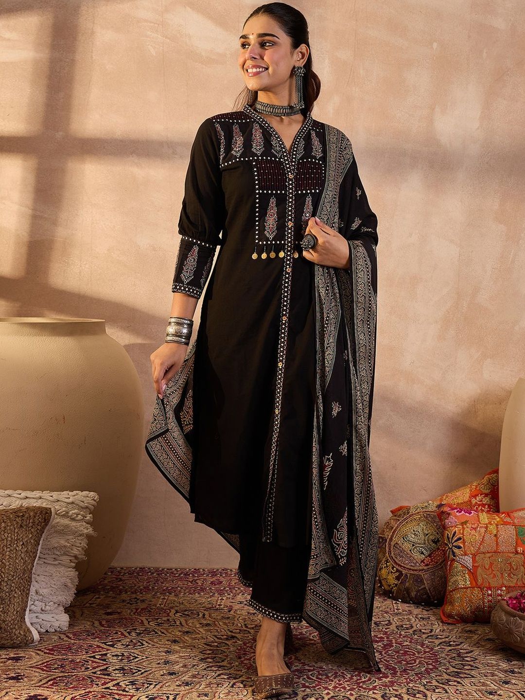 Dhiyona IE Women Embroidered Pure Cotton Kurta With Trousers & Dupatta Kurta Sets