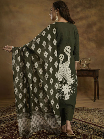 Dhiyona SN Women's Ethnic Motifs Sequinned Pure Cotton Kurti with Trousers & Dupatta