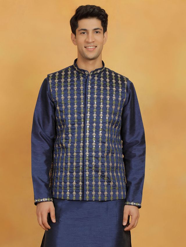 Men's Navy Blue Cotton Straight Nehru Jacket