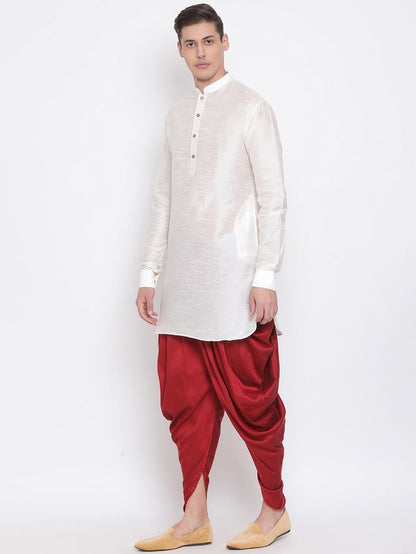 Men's Cream Silk Blend Pathani Kurta and Dhoti Set