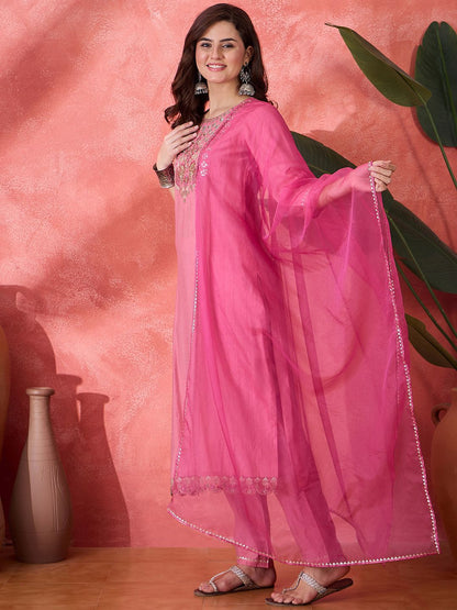 Dhiyona SN Women's Zari Sequin & Mirror Work Embroidered Straight Kurta & Trousers With Dupatta