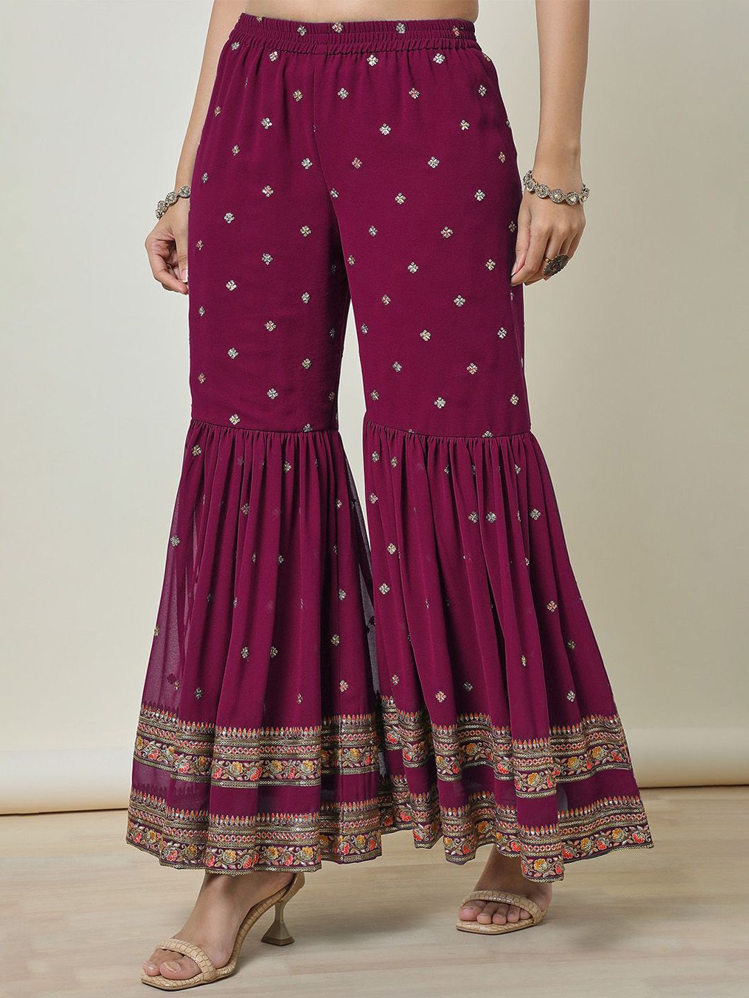 Dhiyona SO Women's Floral Embroidered Georgette Straight Kurti With Sharara & Dupatta