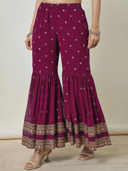 Dhiyona SO Women's Floral Embroidered Georgette Straight Kurti With Sharara & Dupatta