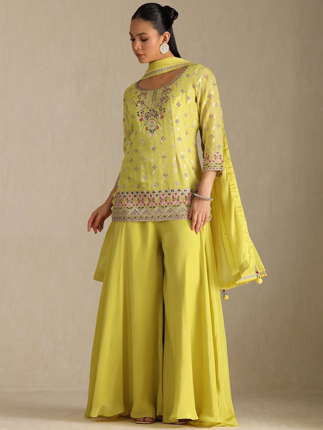 Dhiyona SO Women's Floral Embroidered Round Neck Sequinned Straight Tissue Kurti With Palazzos & Dupatta