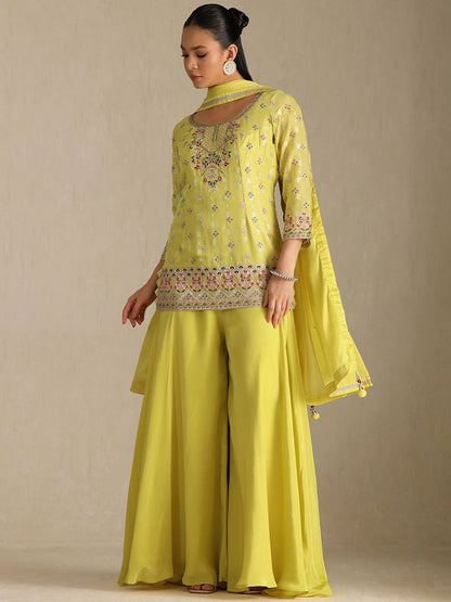 Dhiyona SO Women's Floral Embroidered Round Neck Sequinned Straight Tissue Kurti With Palazzos & Dupatta