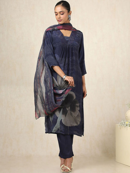 Dhiyona SO Women's Floral Printed Square Neck Beads and Stones Silk Empire Kurta With Trousers & Dupatta