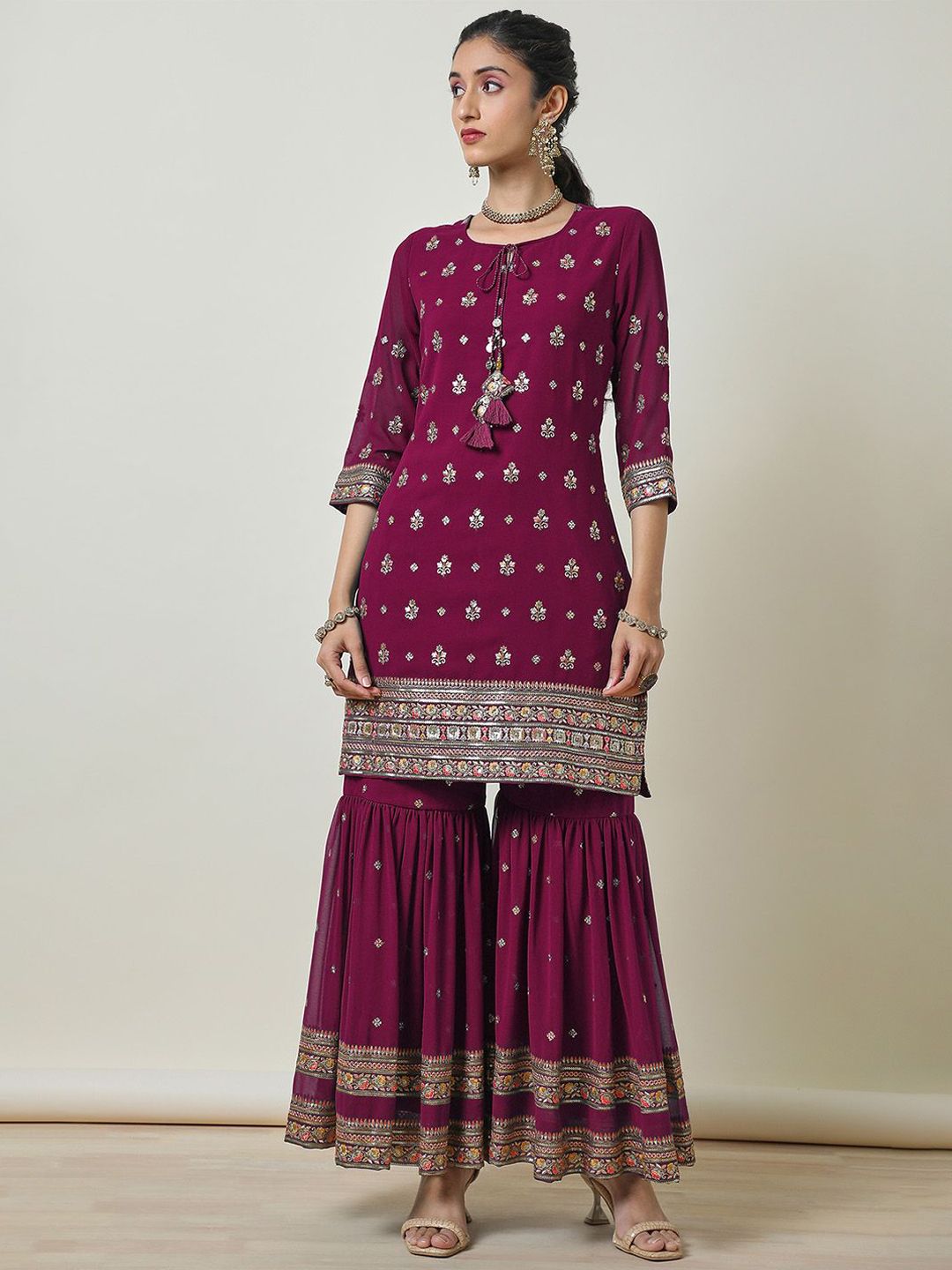 Dhiyona SO Women's Floral Embroidered Georgette Straight Kurti With Sharara & Dupatta