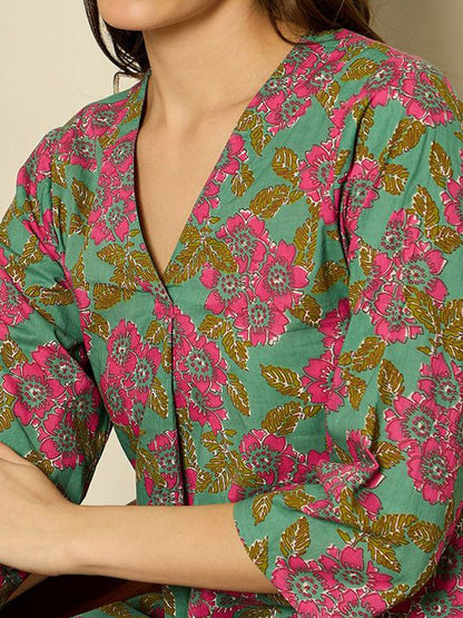 Dhiyona IE Women Printed V-Neck Cotton Top and Trousers Co-Ords