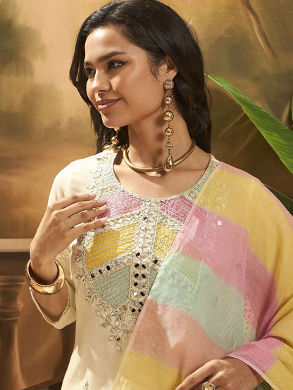 Dhiyona SN Women's Floral Embroidered Straight Kurta & Trousers With Dupatta