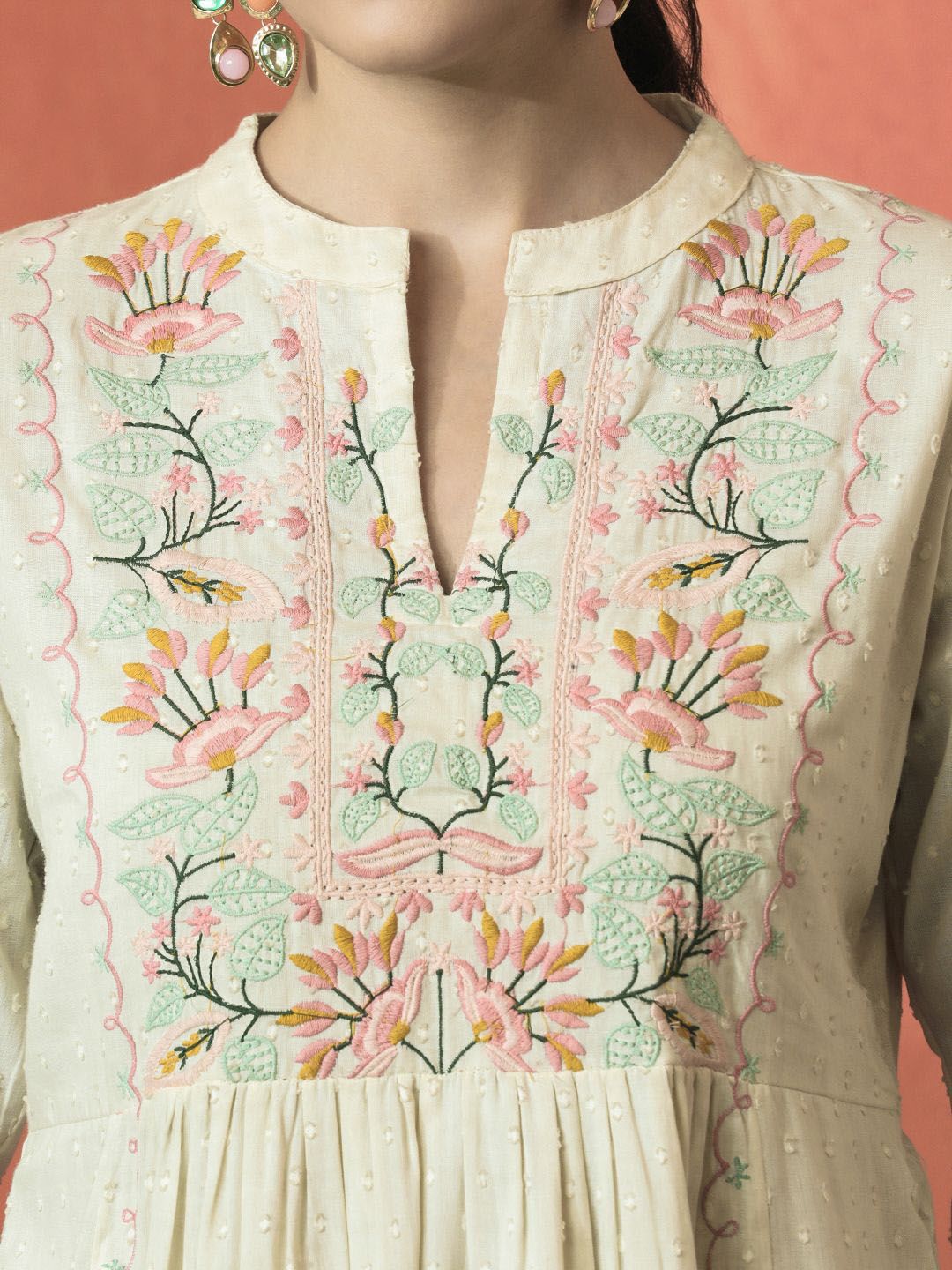 Dhiyona SN Women's Floral Embroidered Mandarin Collar Cotton A-Line Kurta With Trouser & Dupatta