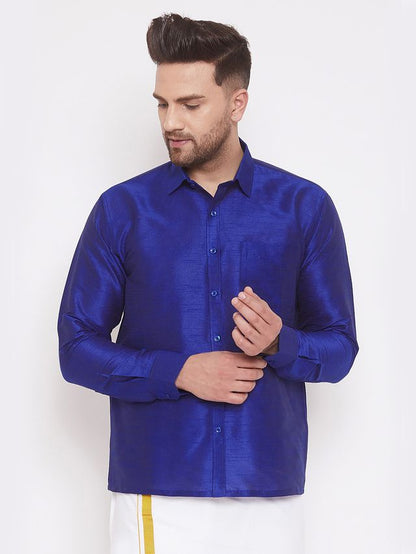 Men's Blue Silk Blend Straight Shirt And Mundu