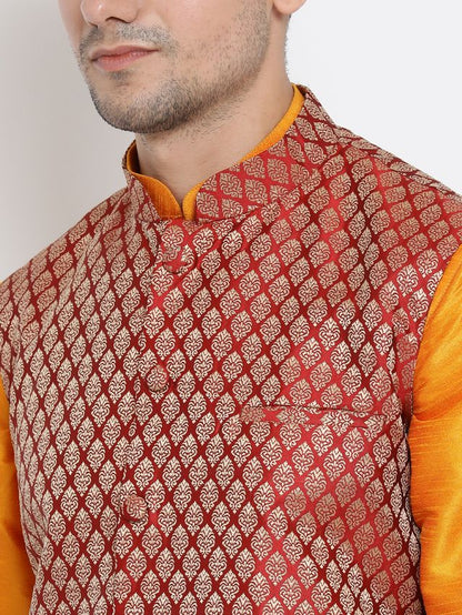 Men's Orange Silk Blend Straight Jacket  Kurta and Dhoti Set