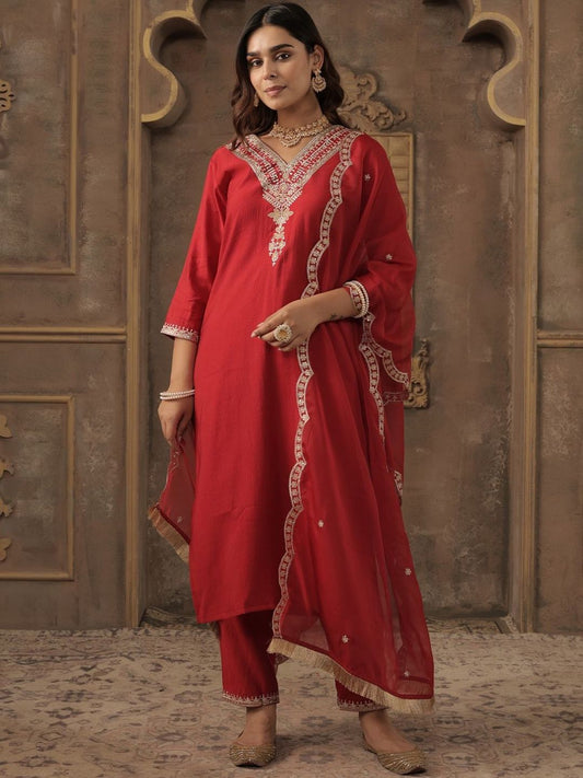Ethnic Motifs Embroidered V-Neck Straight Kurta With Trousers & Dupatta