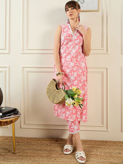 Dhiyona IE Floral Printed V-Neck Pure Cotton Tunic With Trouser