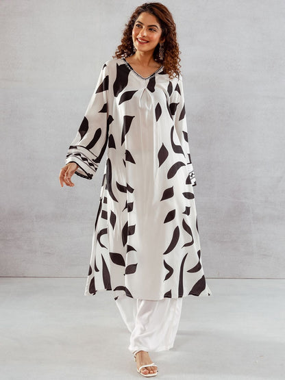 Dhiyona SN Women's Abstract Printed Beads and Stones A-Line Kurta with Palazzos Set