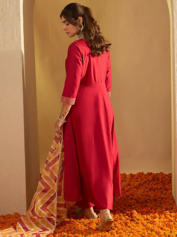 Women's Red Embroidered A-Line Kurta Trousers With Dupatta set