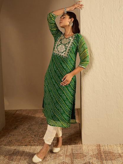 Dhiyona IE Bandhani Printed Gotta Patti Straight Kurta