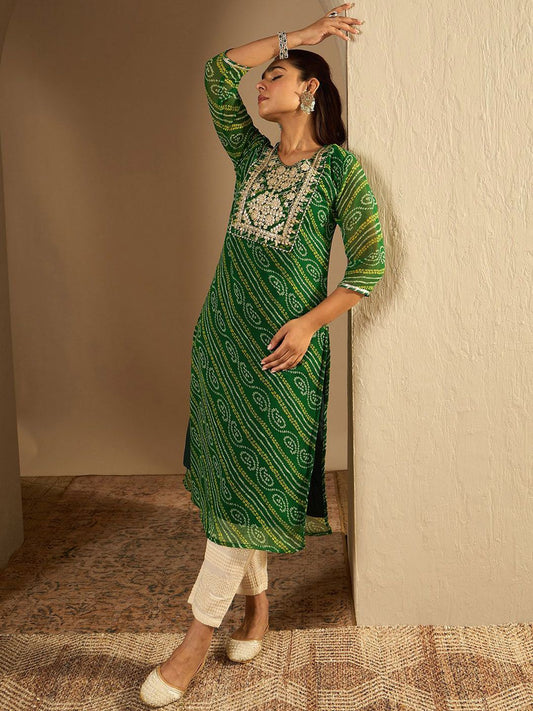 Dhiyona IE Bandhani Printed Gotta Patti Straight Kurta