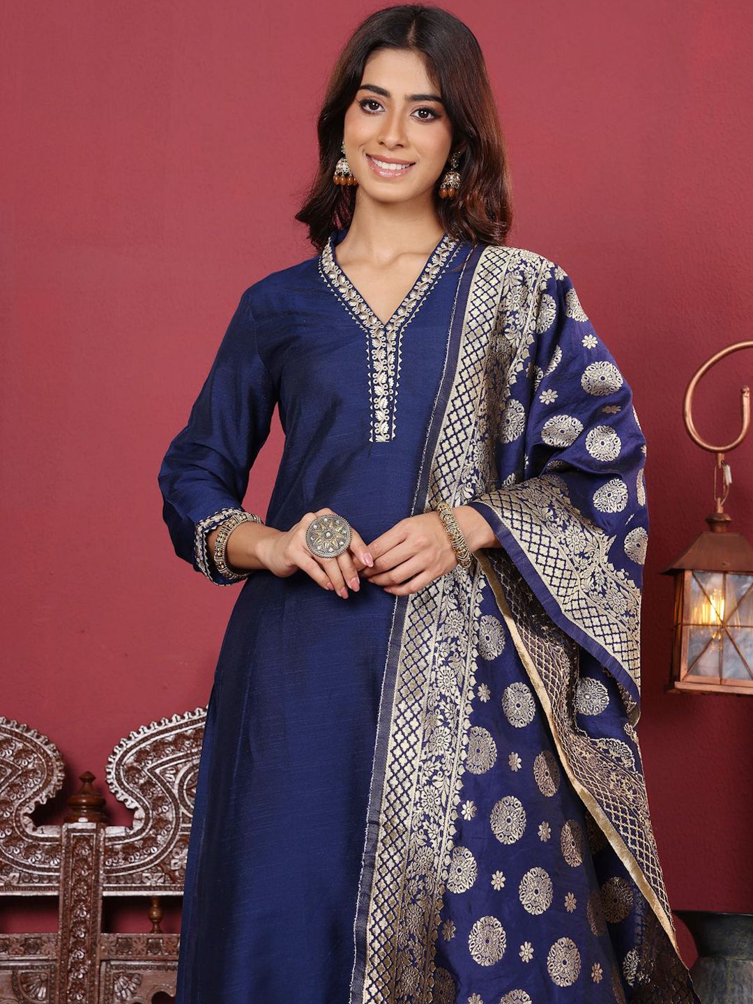 Dhiyona VA Women's Floral Zari Embroidered Neck Kurta with Trousers and Woven Brocade Dupatta