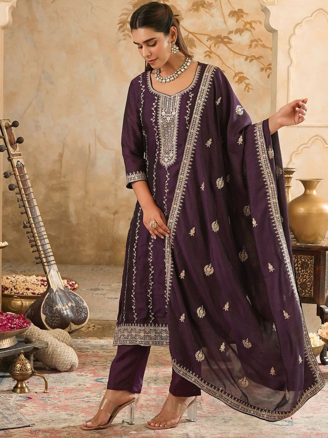 Women Embroidered Straight Kurta Trousers With Dupatta Set