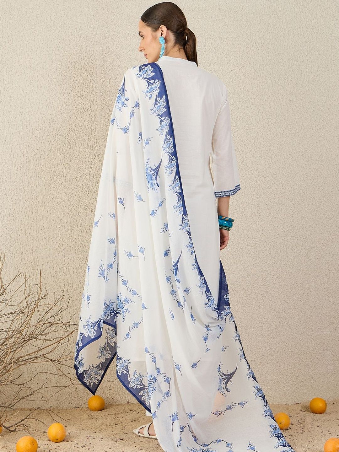 Floral Embroidered Thread Work Pure Cotton Straight Kurta & Trouser With Dupatta