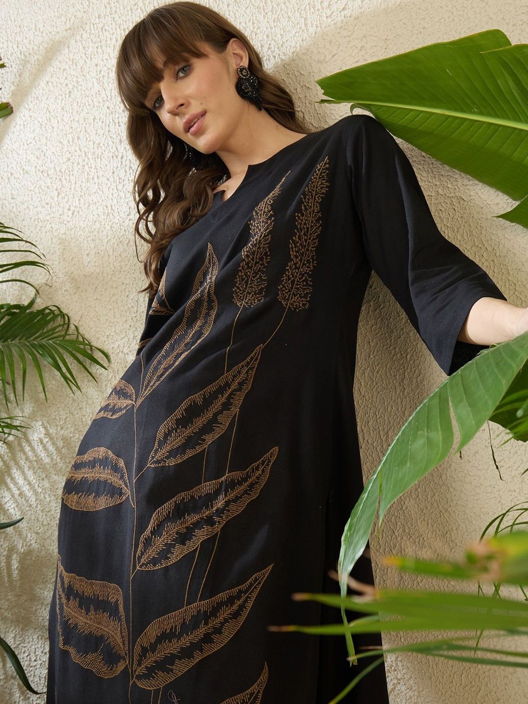 Dhiyona IE Ethnic Motifs Embroidered Notch Neck Thread Work Pure Cotton Kurta With Palazzos