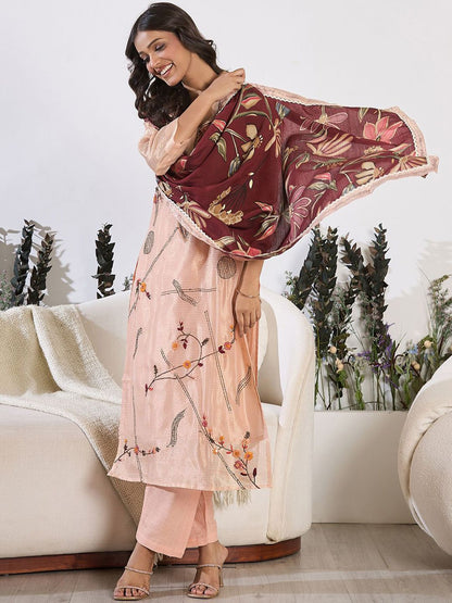 Dhiyona IE Floral Embroidered Thread Work Pure Cotton Kurta With Trousers & Dupatta